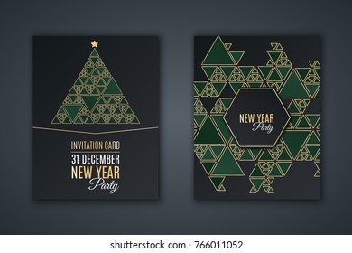 Elegant invitation card for New Year's party. Pattern mosaic of green triangles with a golden stroke on a black background. Christmas tree made of mosaic. Geometric style. Vector illustration