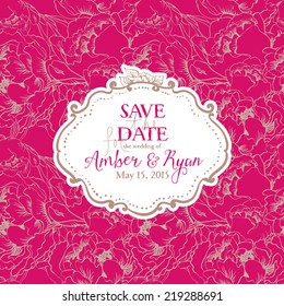Elegant invitation card on flower seamless background. Pink and bronze set. Hand drawn vector illustration