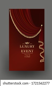 Elegant invitation card with red beautiful curtain with gold fringe . Vector illustration