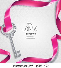 Elegant invitation card with silk pink curled ribbon, floral design background and key