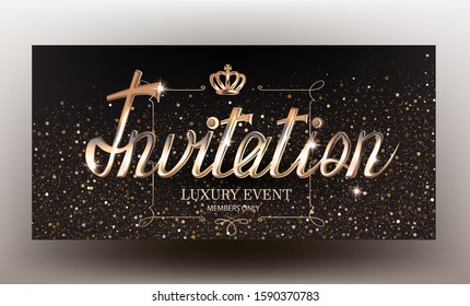 Elegant invitation card with sparkling background and golden lettering and vintage frame. Vector illustration