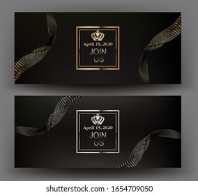 Elegant invitation card with sparkling ribbons and crown. Vector illustration