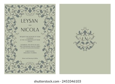 Elegant invitation card template. Floral ornament. Decorative frame and monogram.