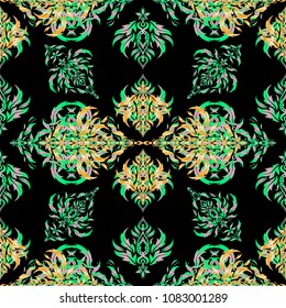 Elegant invitation card with vector decor of motley ornament on black background. Vintage seamless pattern with yellow, pink and green gradient.