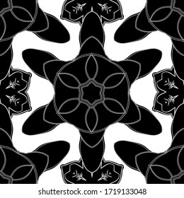 Elegant invitation card with vector decor of motley ornament on white background. Vintage seamless pattern with black gradient.