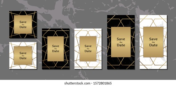elegant invitation cards black and white marble background collection with golden geometric frame vector illustration