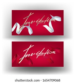 Elegant invitation cards with hand drawn lettering and levitating ribbons. Vector illlustration