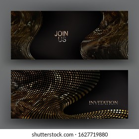 Elegant invitation cards with pleated material made from golden circles. Vector illustration