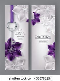 Elegant invitation cards with purple and white flowers and key