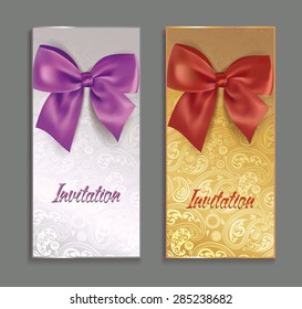 Elegant invitation cards with silk bows and floral background