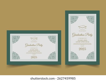 Elegant invitation design for a graduation party, featuring a classic color palette, decorative elements