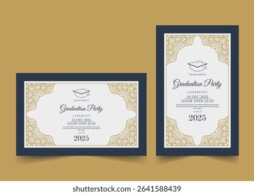 Elegant invitation design for a graduation party, featuring a classic color palette, decorative elements