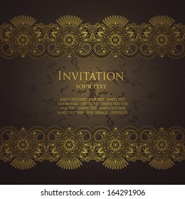 Elegant invitation with floral borders. Grunge striped background      