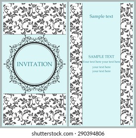 Elegant invitation, front and back side. Decorative vintage frame. Beautiful floral invitation cards. Vector damask illustration.