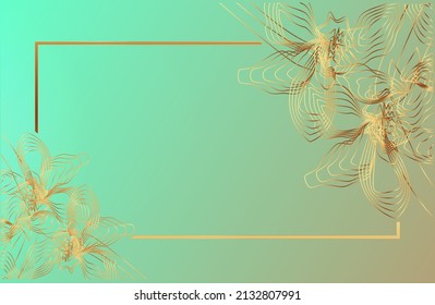 Elegant invitation pattern. Golden frame with orchids, curved guilloche line design on aquamarine background. Modern vector template.