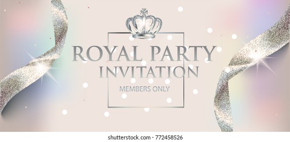 Elegant invitation  pearl card with sparkling ribbons and crown. Vector illustration