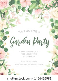 Elegant invitation template in bright summery colors, suitable for a spring, summer or garden party invitation. The fonts are called "Cabin" and "Raustila".