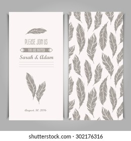 Elegant invitation vintage template with silver feathers symbols.