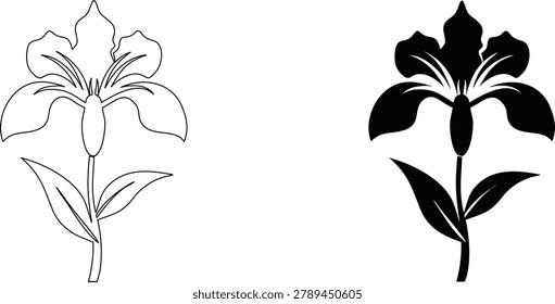 Elegant iris blossom outline. Solid flower silhouette with stem. Symmetrical floral icon. Natural plant illustration.