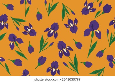 Elegant iris floral pattern with deep purple flowers and green leaves on a bright orange background. Bold and stylish design perfect for fabric, prints, and decorative projects.