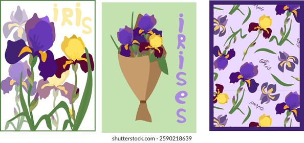 Elegant Iris Flower Illustration with Vibrant Purple and Yellow Petals in a Modern Botanical Art Style, Featuring Floral Patterns, Bouquets, and Typography, Perfect for Prints, Stationery, and Design