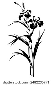 Elegant iris flower silhouette with blooming leaves, ideal for stylish designs