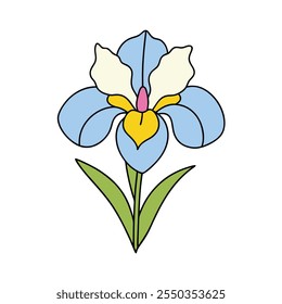 "Ilustração elegante do vetor da flor da íris com estilos de design de desenho animado, clipart e line art."






