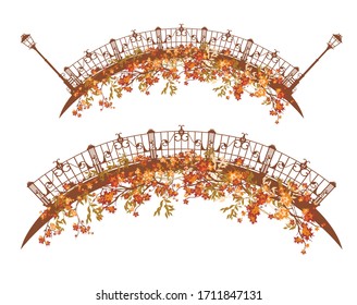 Elegant Iron Arch Bridge Decorated With Autumn Tree Branches And Lush Foliage - Fall Season Vector Design Set