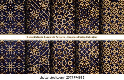 Elegant Islamic art pattern pack featuring ornate gold and navy seamless designs for sophisticated projects
