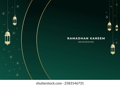 Elegant Islamic background with lantern, circle shape and sparkling stars in luxury dark green color. Ramadan kareem, eid mubarak, and festival concept.
