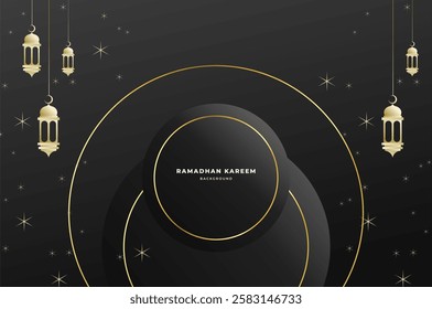 Elegant Islamic background with lantern, circle shape and sparkling stars in luxury black color. Ramadan kareem, eid mubarak, and festival concept.