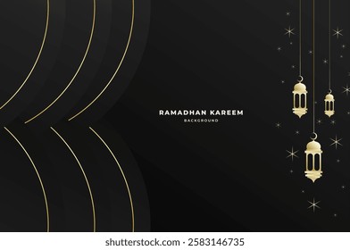 Elegant Islamic background with lantern, circle papercut and sparkling stars in luxury black color. Ramadan kareem, eid mubarak, and festival concept.