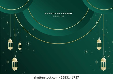 Elegant Islamic background with lantern, circle shape and sparkling stars in luxury dark green color. Ramadan kareem, eid mubarak, and festival concept.