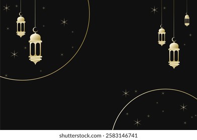 Elegant Islamic background with lantern, circle shape and sparkling stars in luxury black color. Ramadan kareem, eid mubarak, and festival concept.