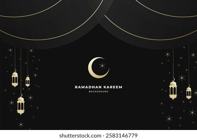 Elegant Islamic background with lantern, curtain papercut and sparkling stars in luxury black color. Ramadan kareem, eid mubarak, and festival concept.
