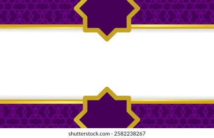 Elegant Islamic background with purple and gold star motifs, ideal for luxury Ramadan and Eid Fitr greetings. The bold contrast and clean layout highlight festive messages beautifully.