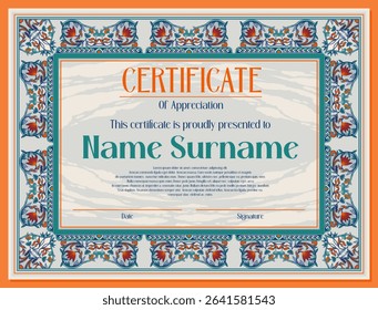 Elegant Islamic blue floral certificate template with vintage border design, perfect for diplomas, book covers, invitations, or decorative labels. Ideal for Islamic or formal classic themed projects.