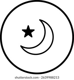 Elegant Islamic Crescent Moon and Star Icon within a Circular Outline Design