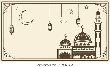 Elegant Islamic design for business with mosque, moon, star, and decorative lanterns