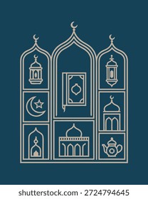 Elegante diseño islámico con motivos arquitectónicos, un corán y símbolos tradicionales, evocando la espiritualidad.
