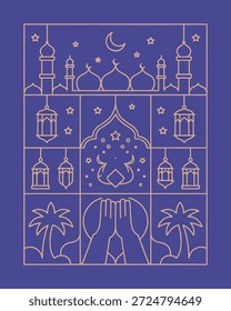 Elegante diseño islámico con mezquitas, una luna creciente y manos que rezan, creando una estética pacífica.