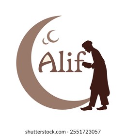 Elegante logotipo de design islâmico com Alif com uma lua crescente e silhueta de uma figura de leitura