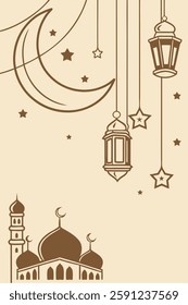 Elegant Islamic design with mosque, crescent moon, lanterns and stars, suitable for islamic design
