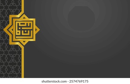 Elegant Islamic design for Ramadan and Eid, featuring geometric patterns and Kufic calligraphy in gold and black tones, symbolizing Islamic art and tradition