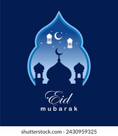 
Elegant Islamic Eid Mubarak design with frame, lantern and mosque silhouette. suitable for designs for Eid al-Fitr, Eid al-Adha, Ramadan, Muharram, Islamic days, etc