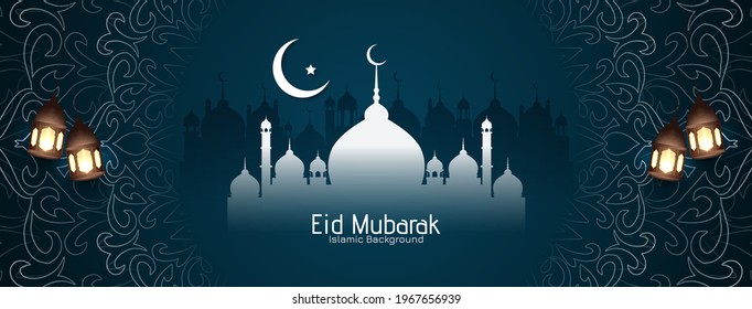 Elegant islamic Eid mubarak festival banner with mosque vector