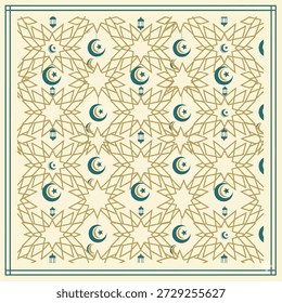 Elegant Islamic Geometric Pattern Featuring Golden Lines, Crescent Moons, and Lanterns, Perfect for Cultural Celebrations, Festive Event Backdrops, and Traditional Decorative Designs
