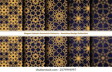 Elegant Islamic geometric patterns with seamless gold and navy design, perfect for luxury backgrounds and decor