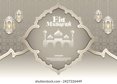 Elegant Islamic glamour background and poster Eid Mubarak, Idul Fitri or Ramadan Kareem  with gradient style and realistic icon
