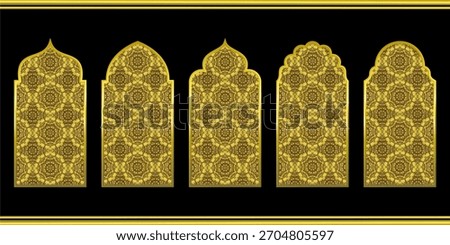 Elegant Islamic Golden Window Frame Set – Ornate Decorative Arch Panels with Luxury Mandala Pattern for Ramadan, Mosque Interior, Greeting Cards, and Islamic Art Design Vector